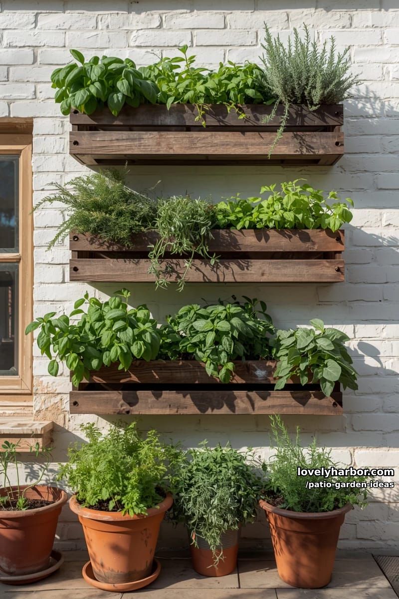 vertical herb garden using wooden crates on white brick wall. 1