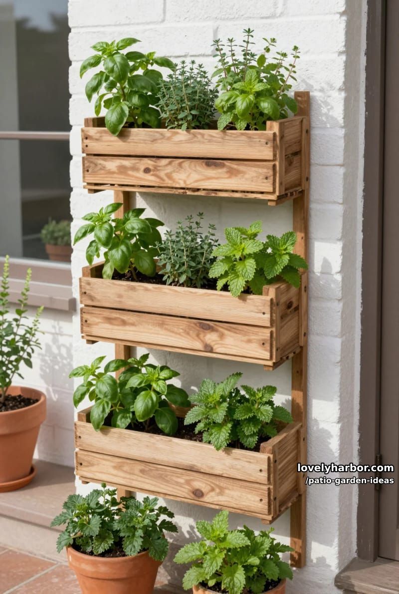 vertical herb garden using wooden crates on white brick wall. 1