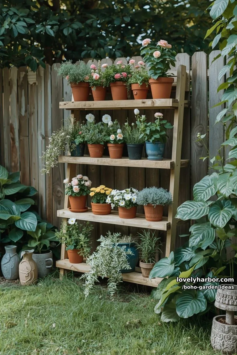 vertical pallet garden with terracotta pots, flowering plants, and lush greenery. 1
