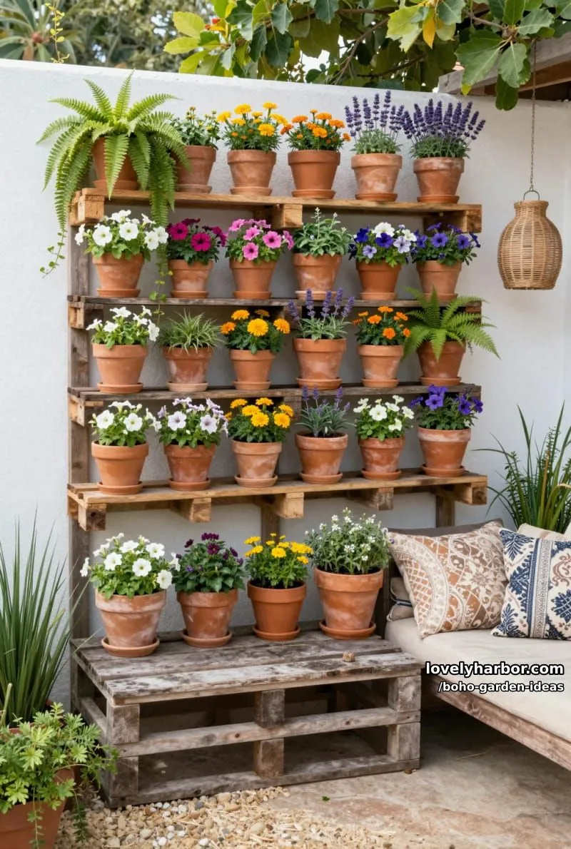 vertical pallet garden with terracotta pots, flowering plants, and lush greenery. 1