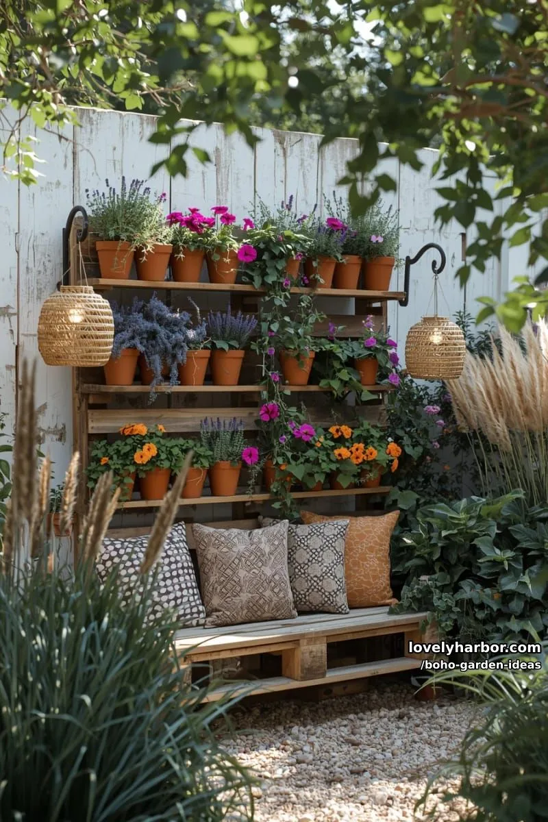 vertical pallet garden with terracotta pots, flowering plants, and lush greenery. 1