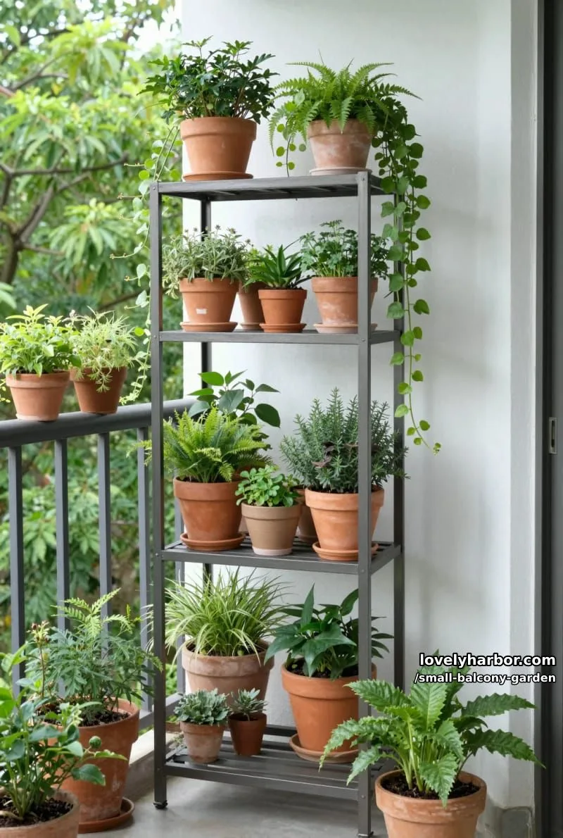 vertical shelving unit with assorted potted herbs and trailing green plants. 1