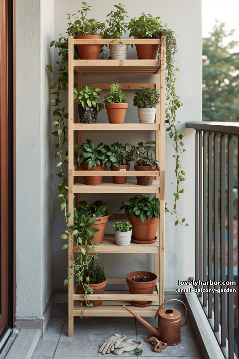 vertical shelving unit with assorted potted herbs and trailing green plants. 1
