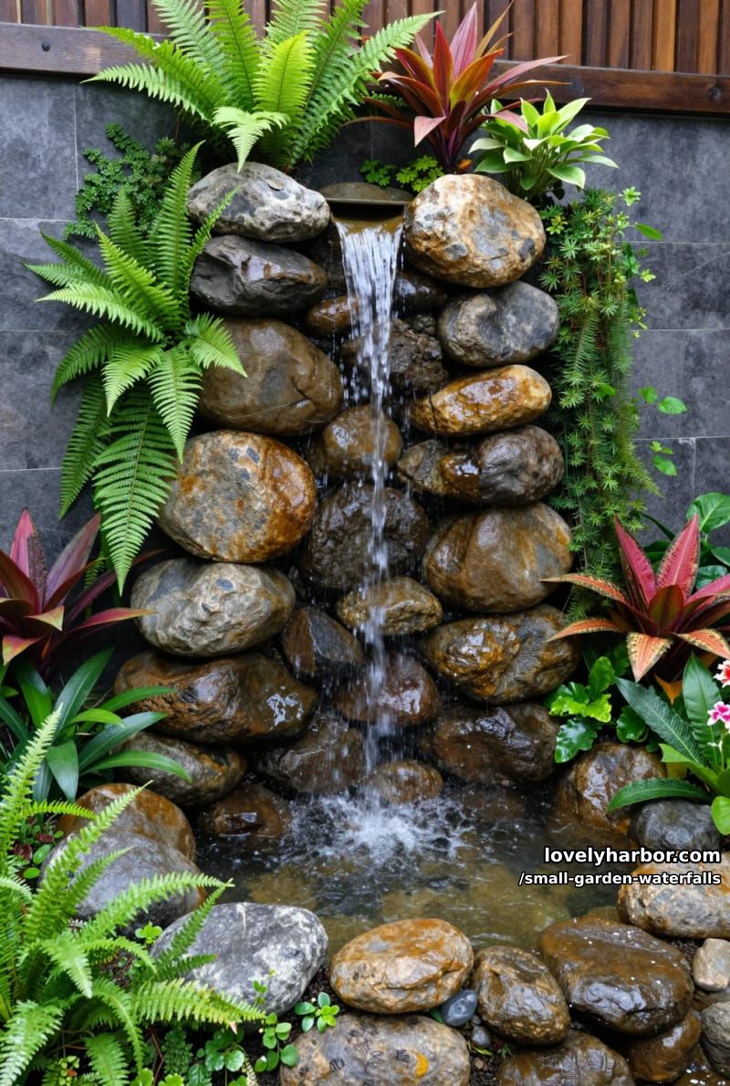 vertical stone wall water feature with cascading streams and lush greenery. 1