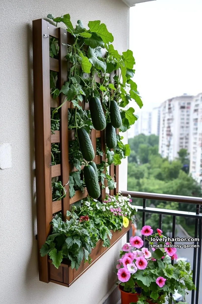 vertical trellis with climbing cucumber vines and petunias on a balcony. 1