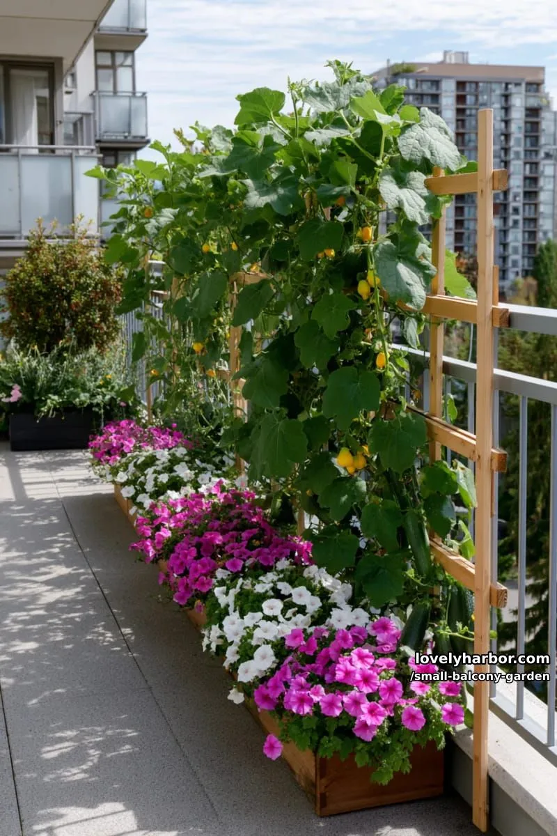 vertical trellis with climbing cucumber vines and petunias on a balcony. 1