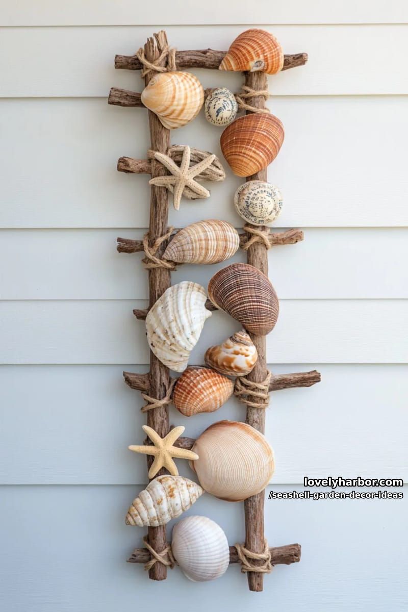vertical wall art using seashells and nautical rope 1