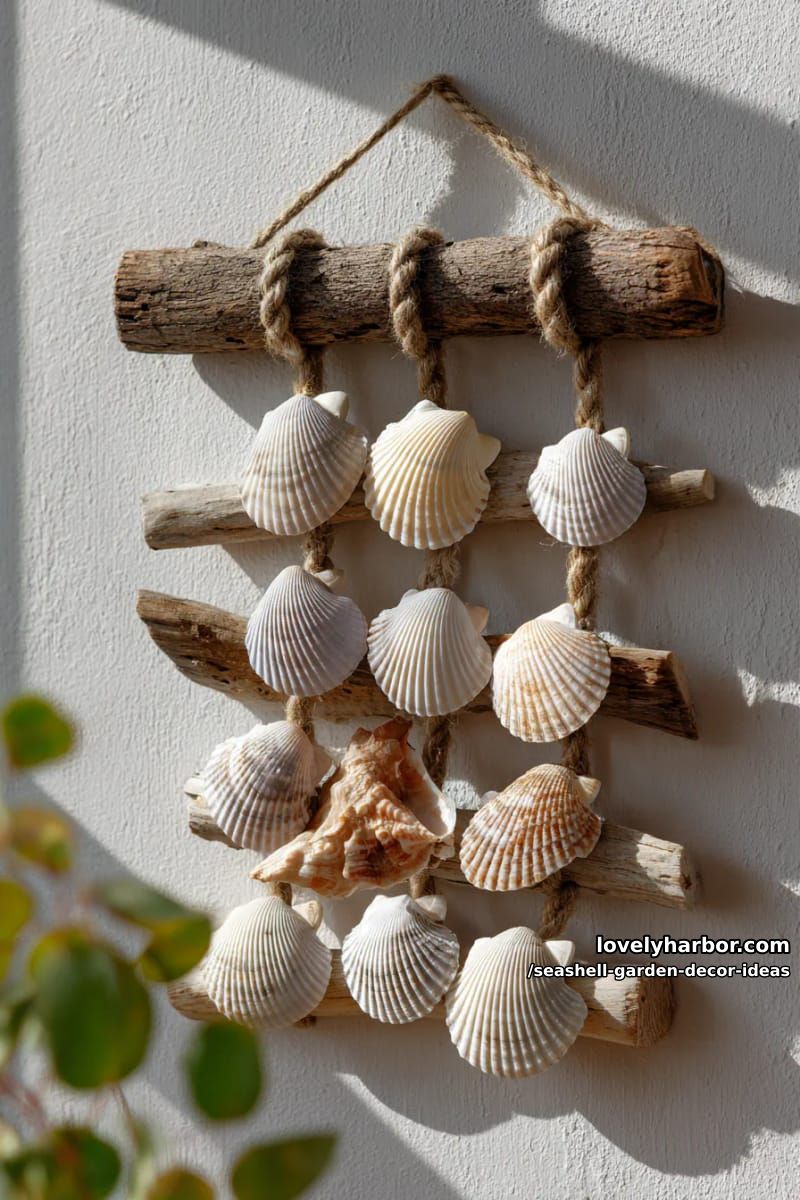 vertical wall art using seashells and nautical rope 1