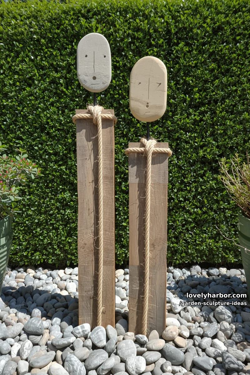 vertical wooden planks with stone heads and rope knot in garden. 1