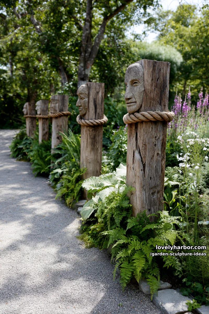 vertical wooden planks with stone heads and rope knot in garden. 1