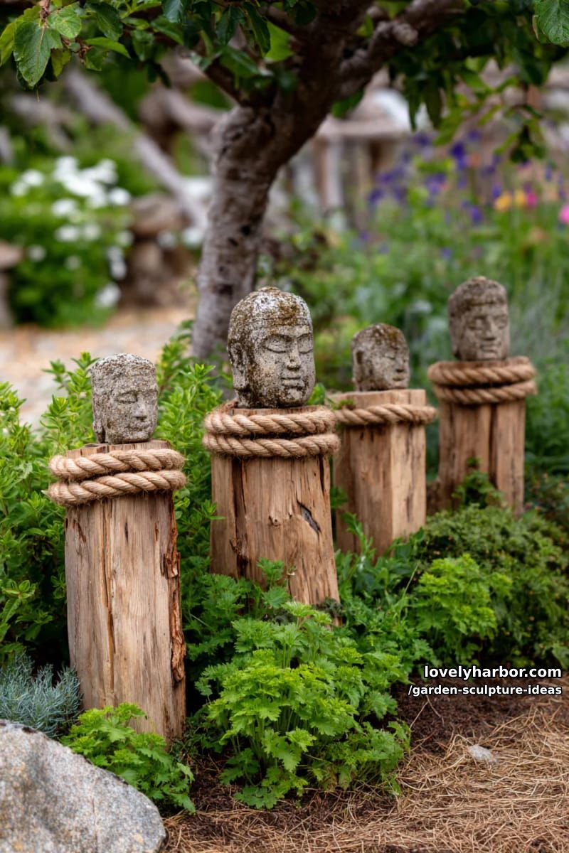 vertical wooden planks with stone heads and rope knot in garden. 1