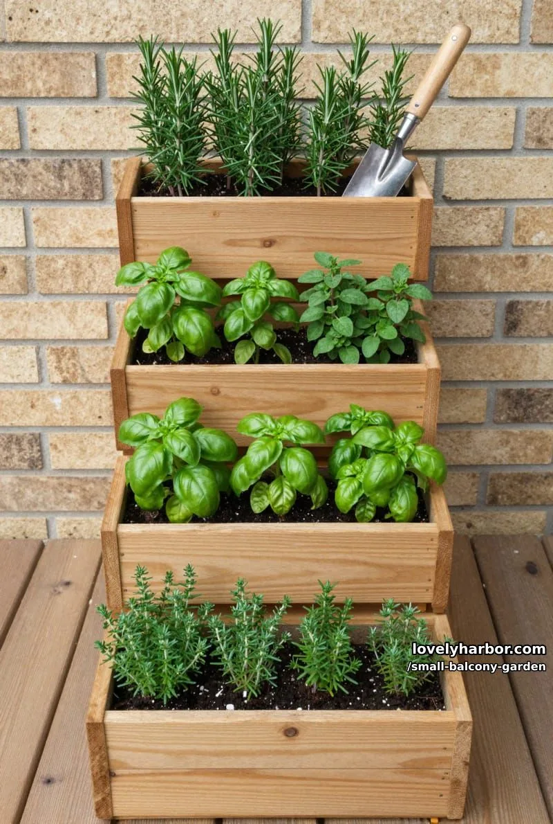 vertical wooden planter with four tiers of lush green herbs. 1