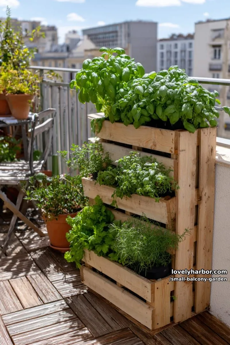 vertical wooden planter with four tiers of lush green herbs. 1