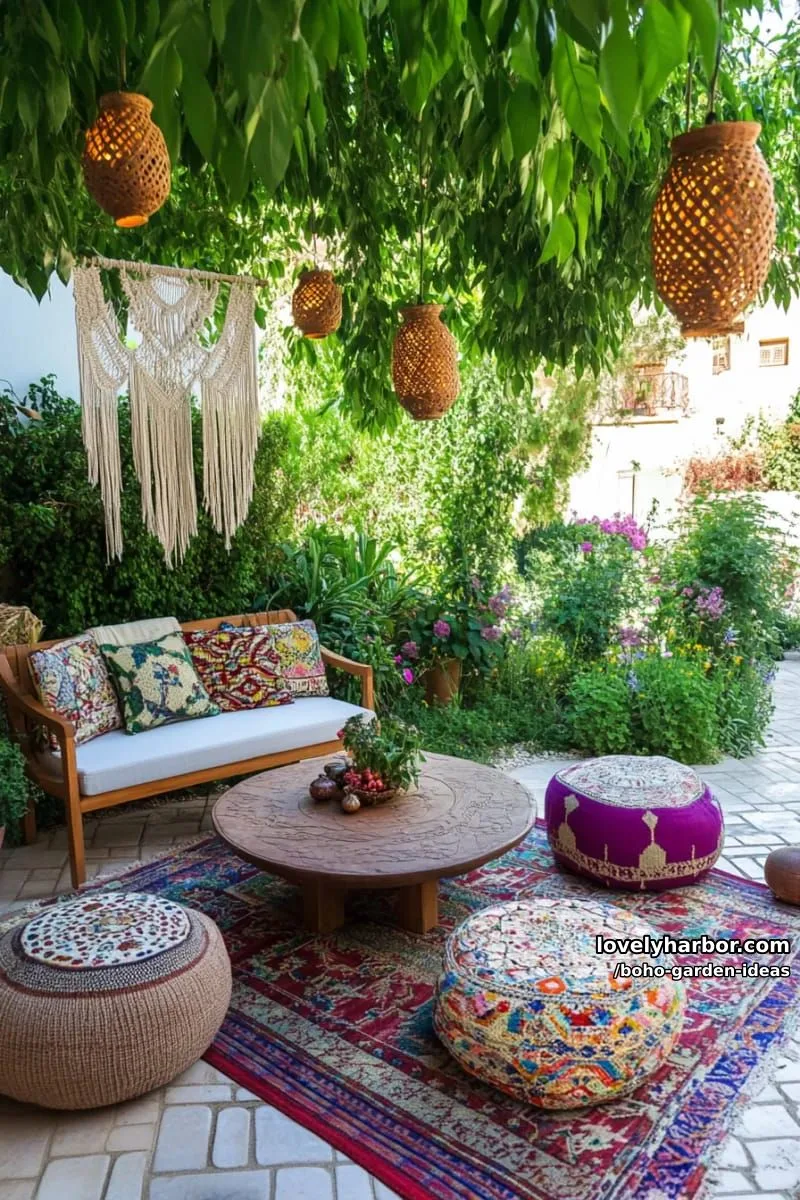 vibrant garden with eclectic furniture, hanging decor, and macramé details. 1