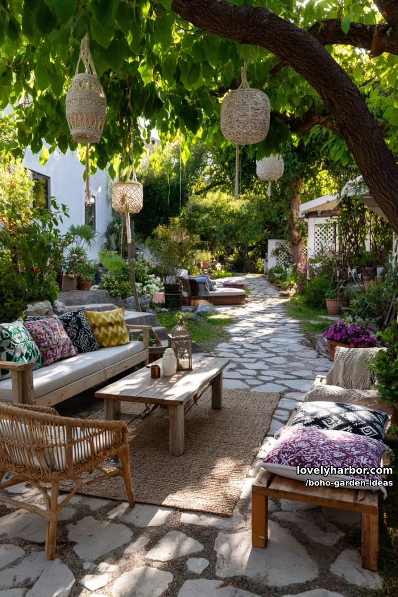 vibrant garden with eclectic furniture, hanging decor, and macramé details. 1