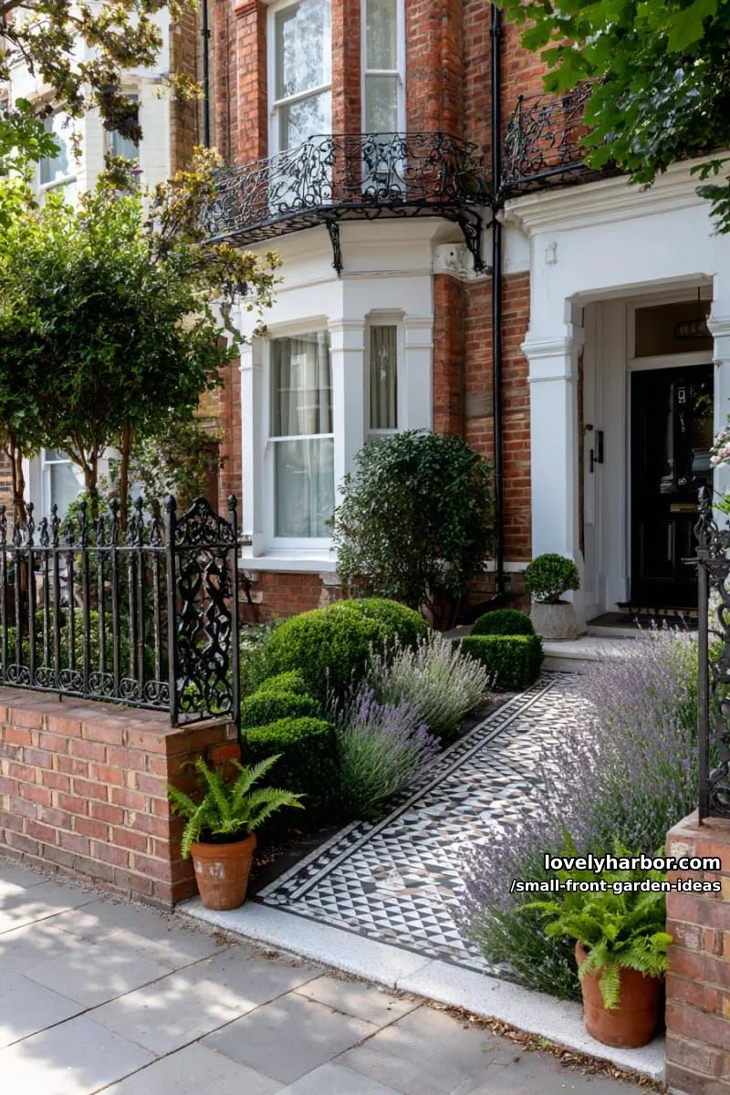 victorian-style urban garden with brick wall, iron railings, and tiled pathway. 1