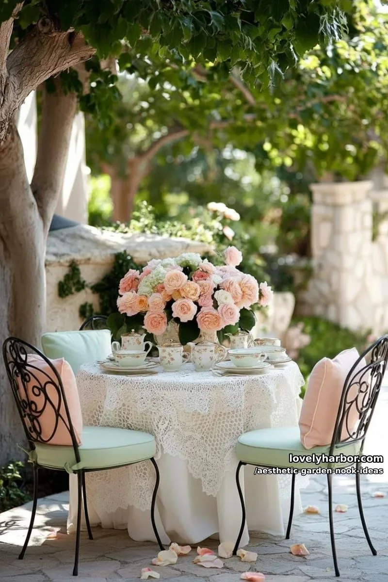 15 Aesthetic Garden Nook Ideas to Inspire Your Outdoor Escape 11 vintage bistro table surrounded by oversized pastel florals 1