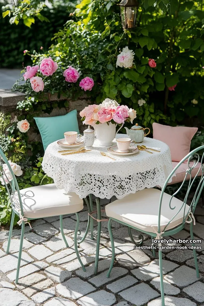 15 Aesthetic Garden Nook Ideas to Inspire Your Outdoor Escape 12 vintage bistro table surrounded by oversized pastel florals 1
