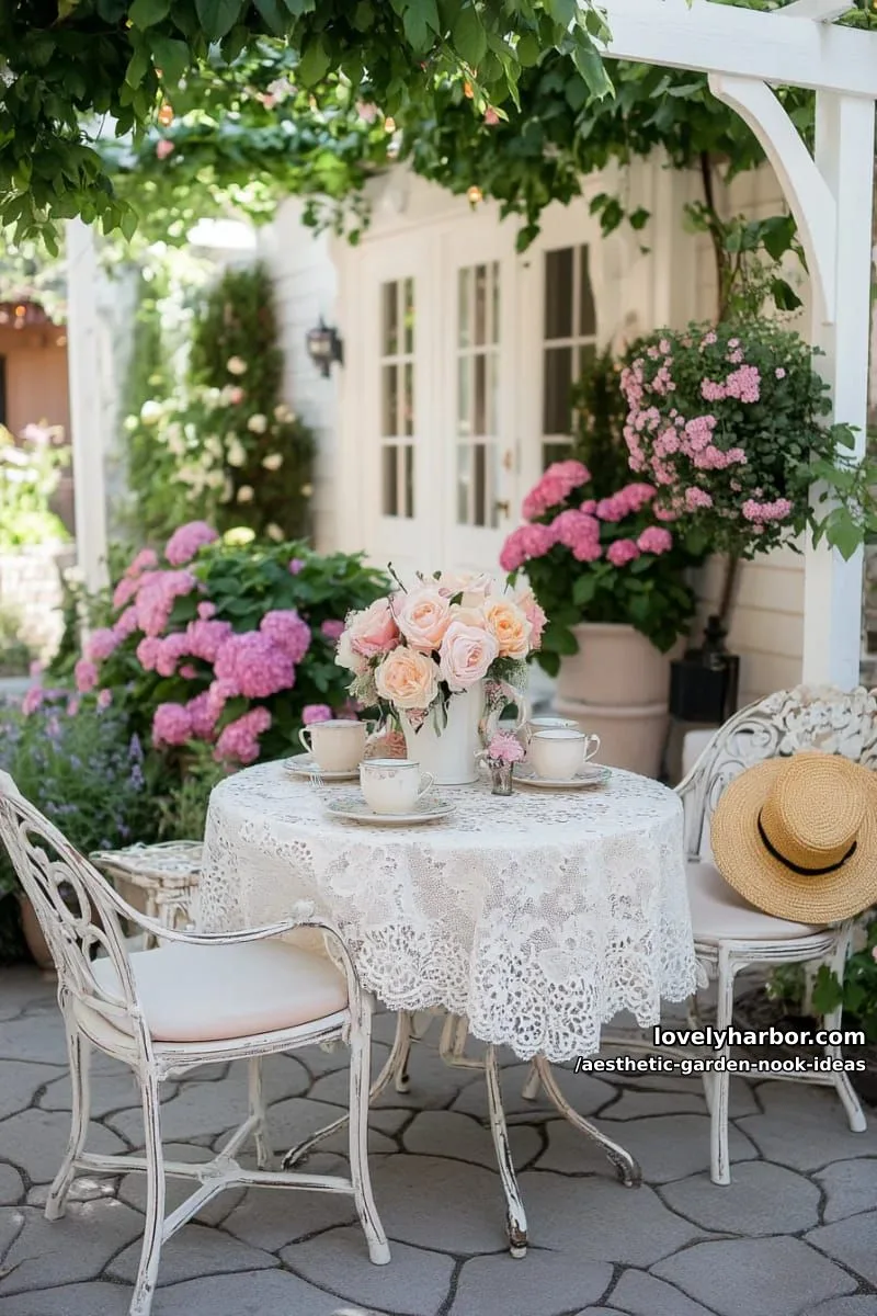 15 Aesthetic Garden Nook Ideas to Inspire Your Outdoor Escape 13 vintage bistro table surrounded by oversized pastel florals 1