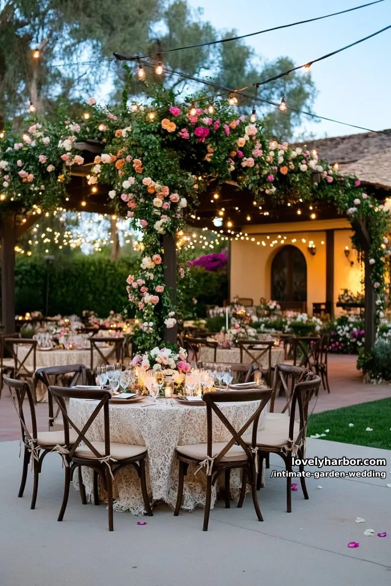vintage bistro tables set beneath a flowering pergola for an intimate dinner 1
