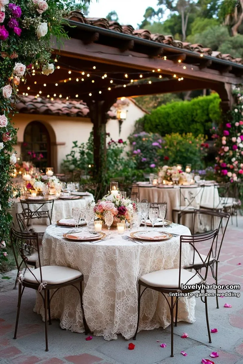 vintage bistro tables set beneath a flowering pergola for an intimate dinner 1