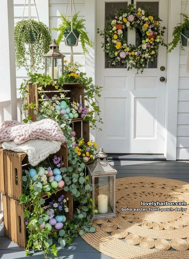 vintage crates stacked with greenery, lanterns, and chunky knit blankets 1
