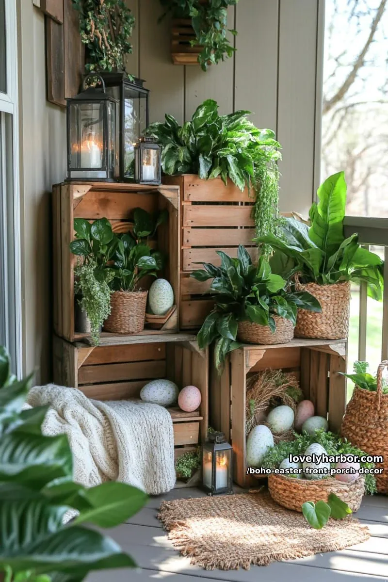 vintage crates stacked with greenery, lanterns, and chunky knit blankets 1