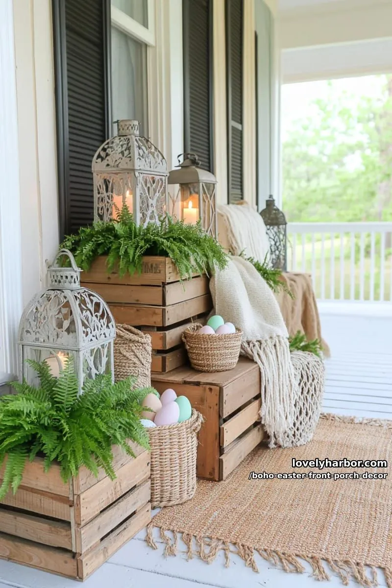 vintage crates stacked with greenery, lanterns, and chunky knit blankets 1