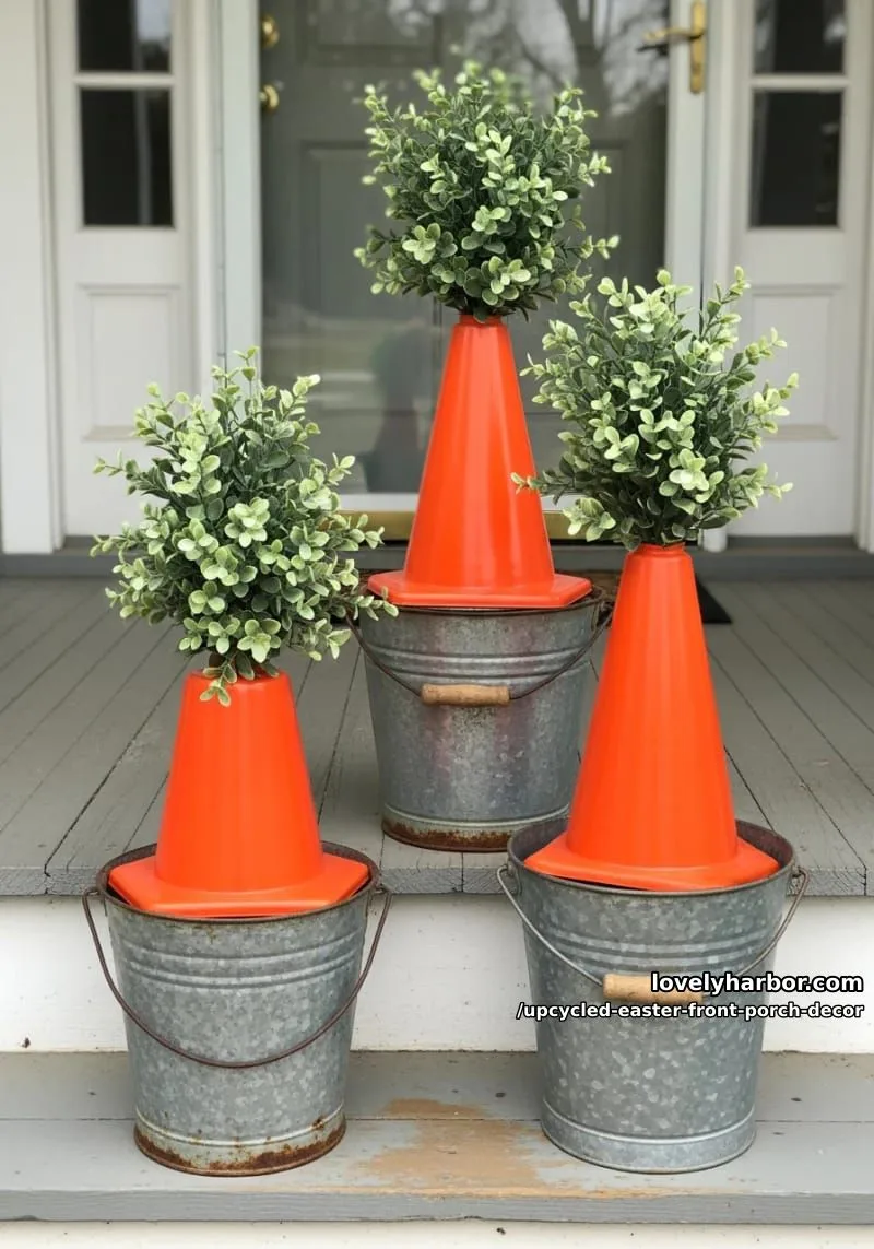 vintage metal buckets as carrot topiaries using orange cones and leafy greens 1