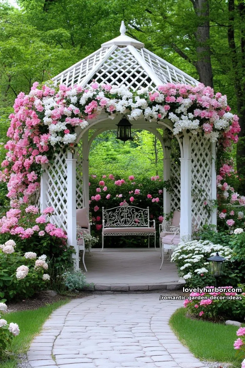 vintage white gazebos surrounded by cascading pink and white blooms 1