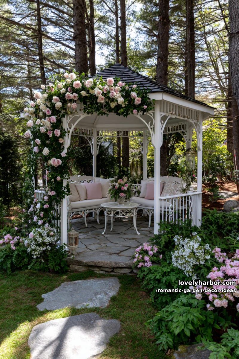 vintage white gazebos surrounded by cascading pink and white blooms 1