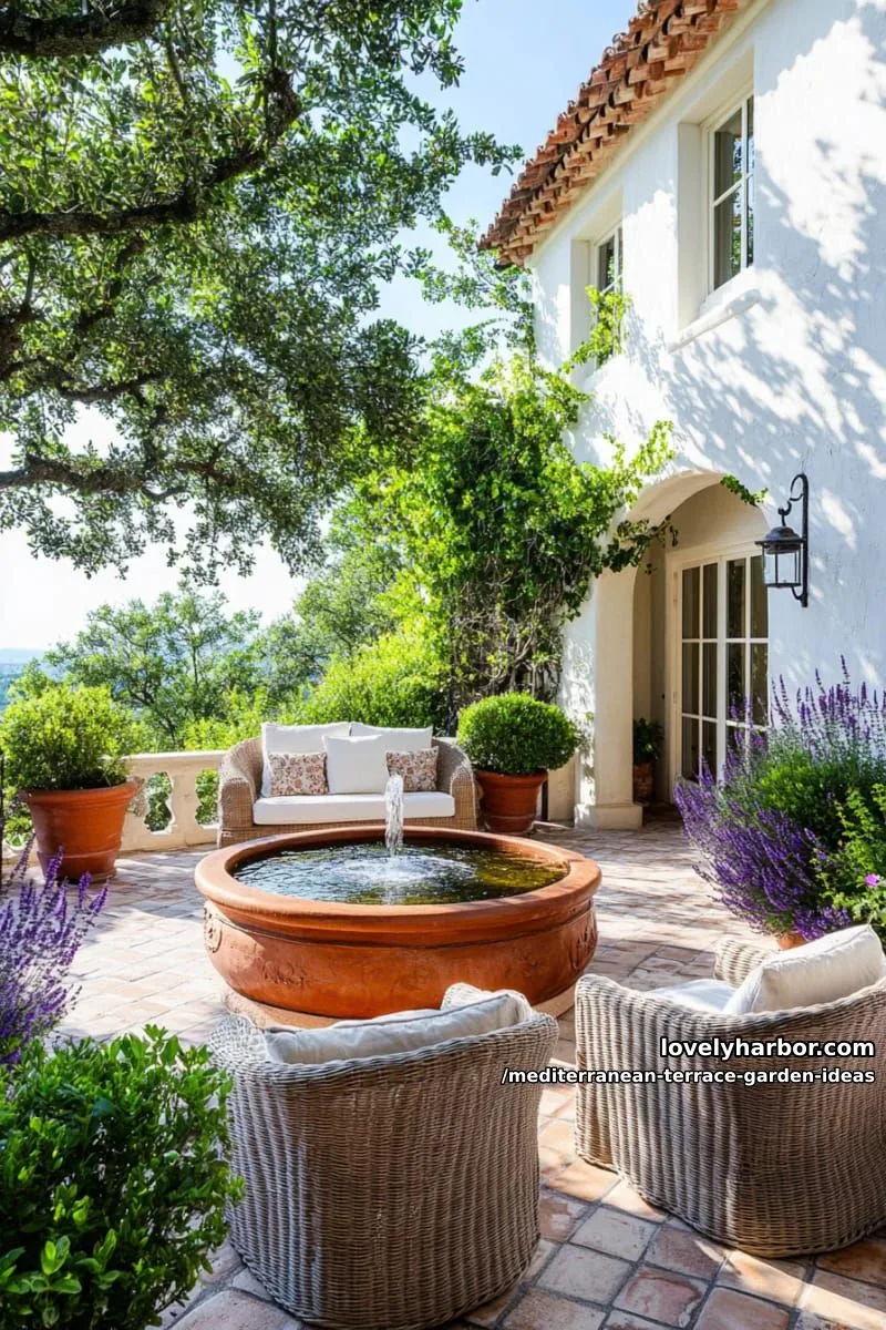 water feature with a classic terracotta fountain and lush greenery 1