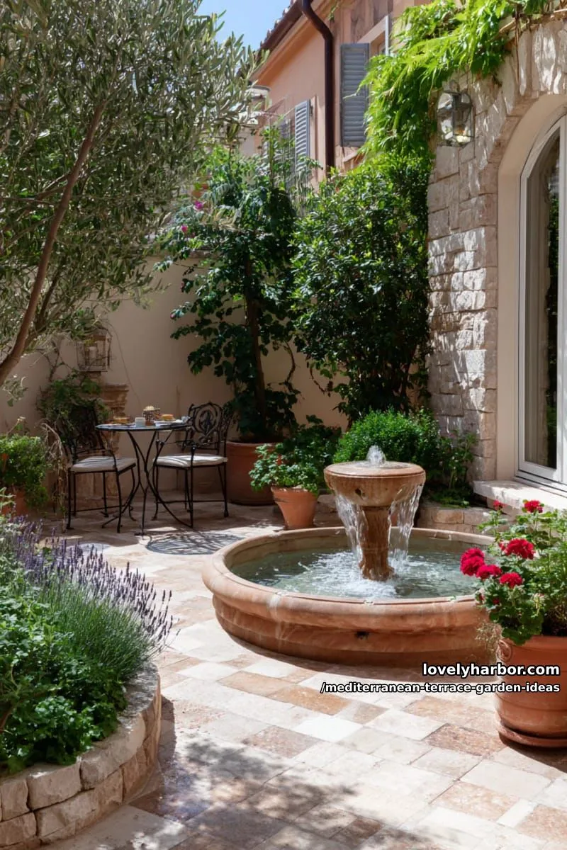 water feature with a classic terracotta fountain and lush greenery 1