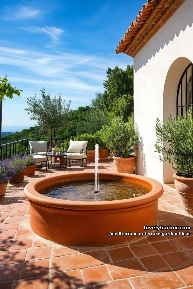water feature with a classic terracotta fountain and lush greenery 1