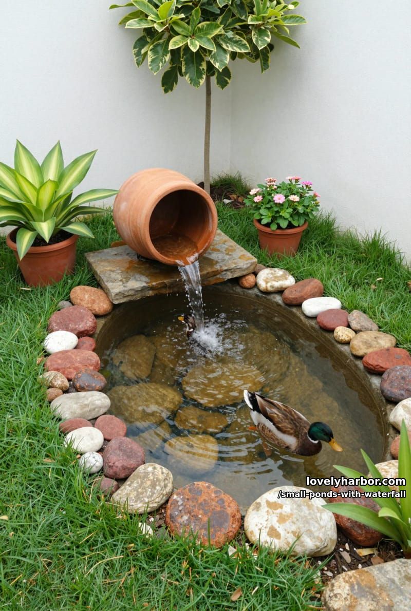 water feature with terracotta pot, cascading stones, and ducks. 1