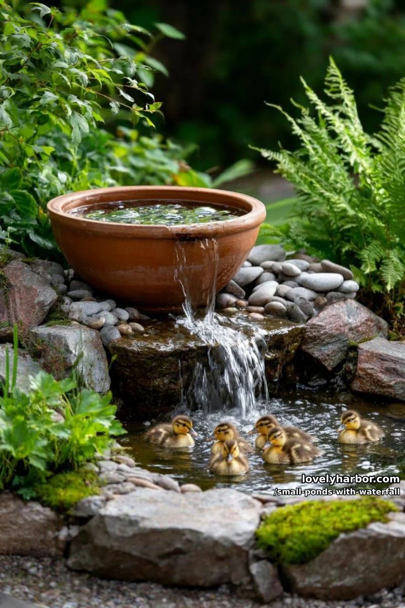 water feature with terracotta pot, cascading stones, and ducks. 1