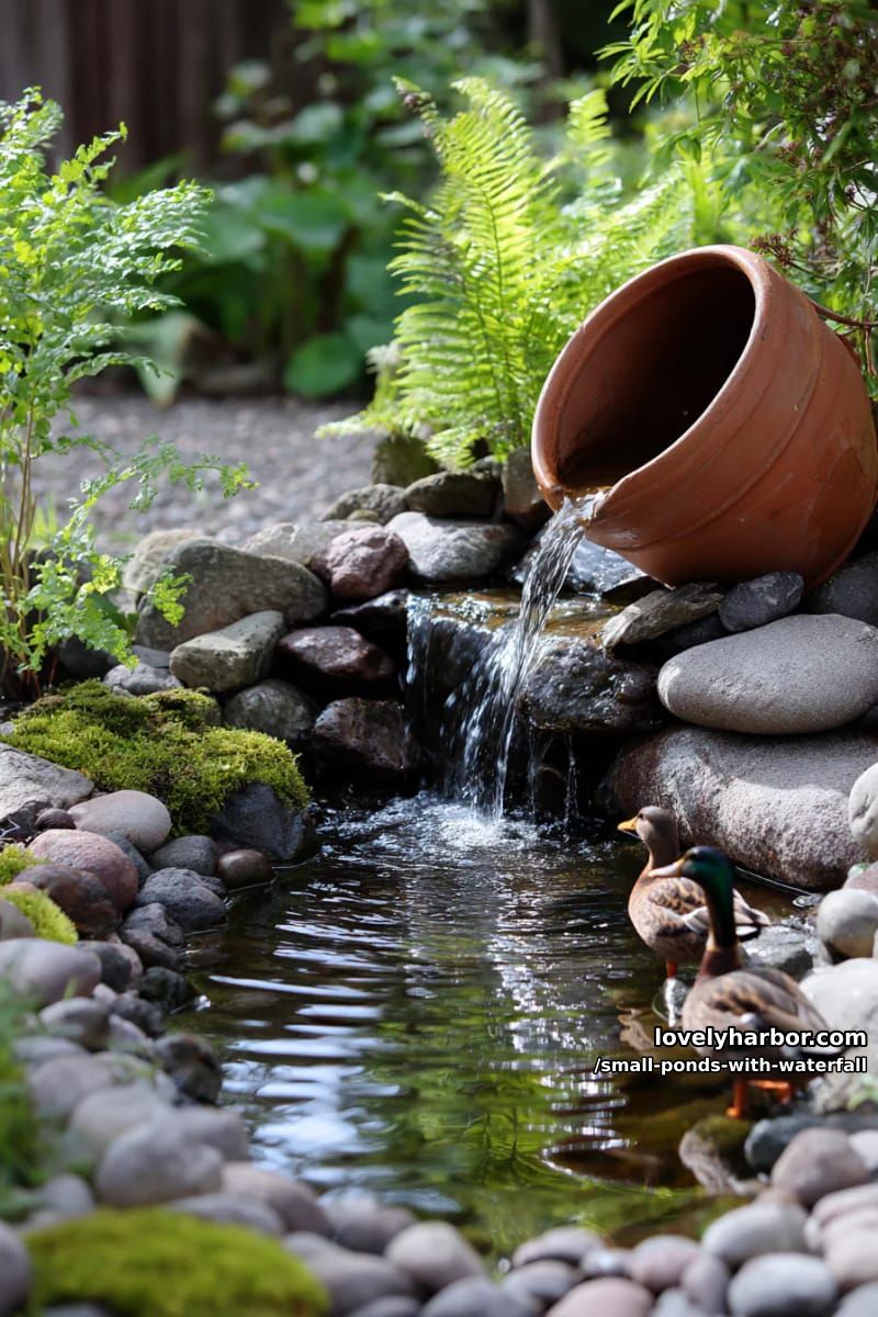 water feature with terracotta pot, cascading stones, and ducks. 1