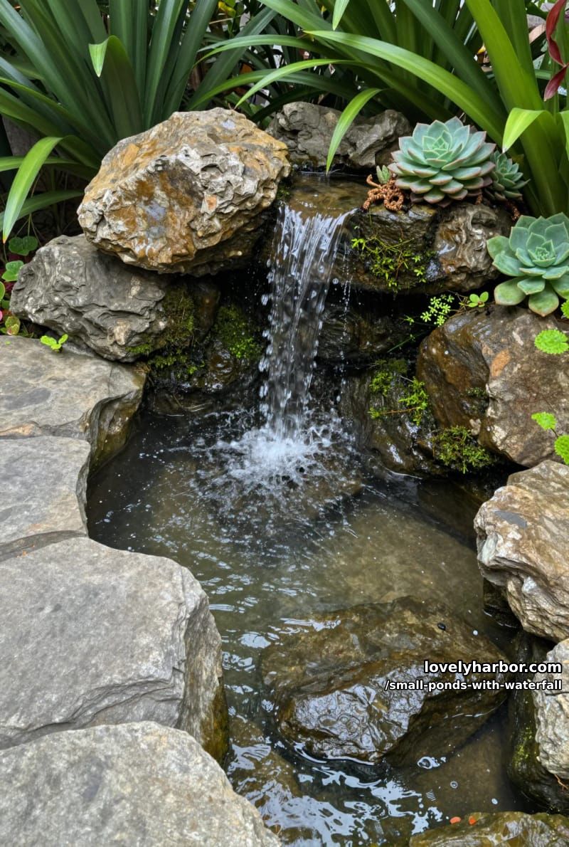 waterfall with mossy rocks, succulents, and tropical foliage in backyard. 1