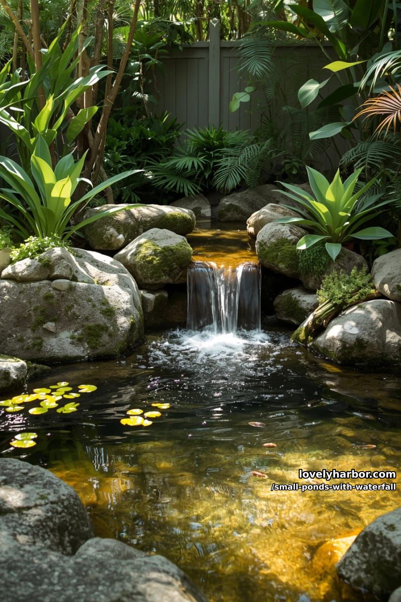 waterfall with mossy rocks, succulents, and tropical foliage in backyard. 1