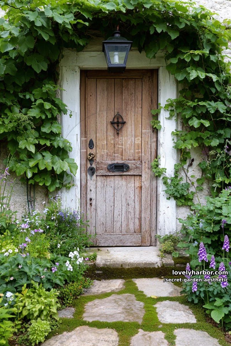 weathered wooden door hidden behind a curtain of lush green leaves 1