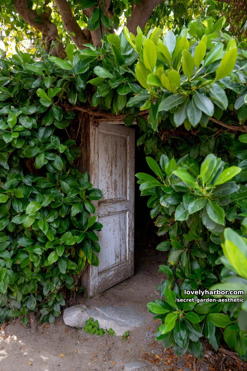 weathered wooden door hidden behind a curtain of lush green leaves 1
