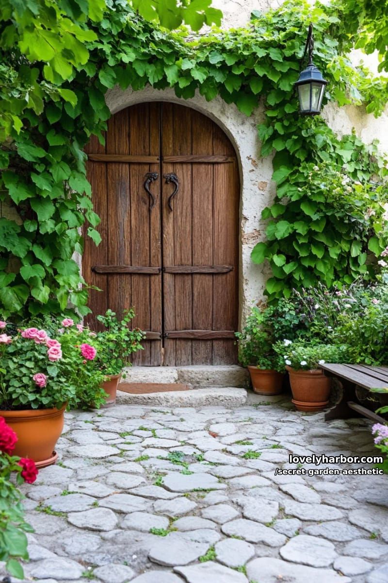 weathered wooden door hidden behind a curtain of lush green leaves 1