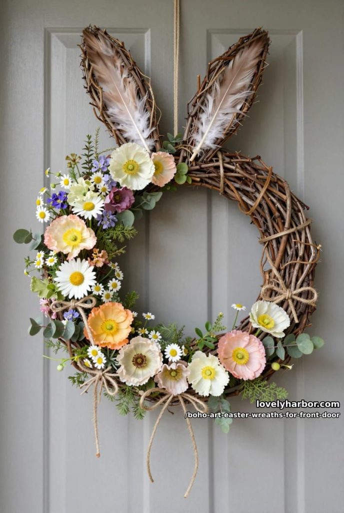 whimsical bunny-shaped wreath with wildflowers, twine bows, and boho feathers 10