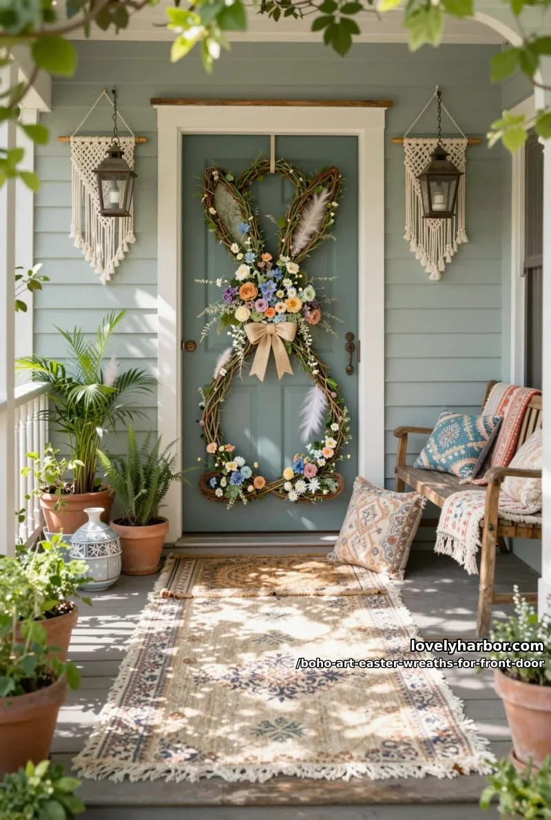 15 Boho Art Easter Wreaths for an Inviting Front Door 11 whimsical bunny-shaped wreath with wildflowers, twine bows, and boho feathers 1