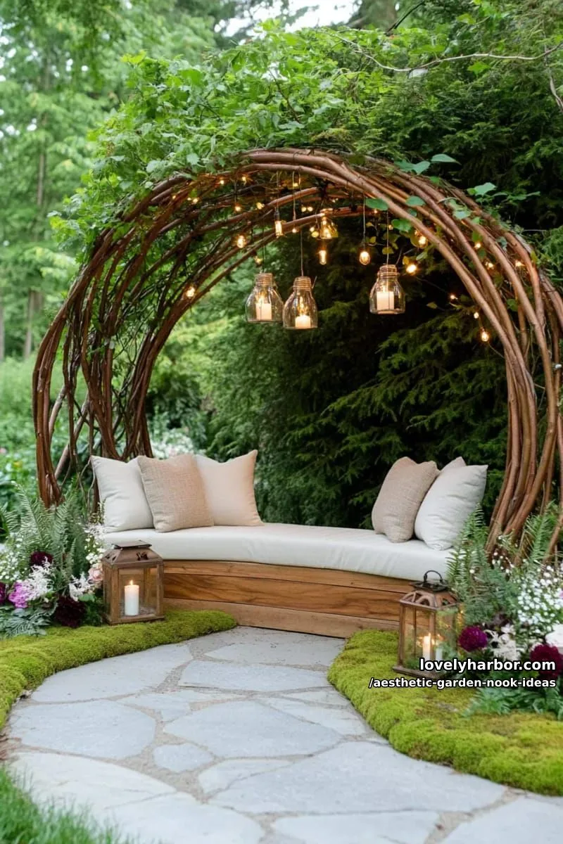 15 Aesthetic Garden Nook Ideas to Inspire Your Outdoor Escape 23 whimsical circular nook made from intertwined tree branches and moss 1