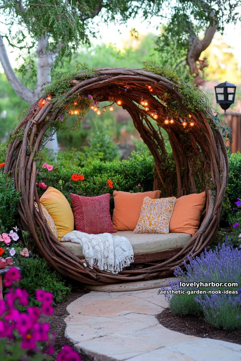 15 Aesthetic Garden Nook Ideas to Inspire Your Outdoor Escape 25 whimsical circular nook made from intertwined tree branches and moss 1
