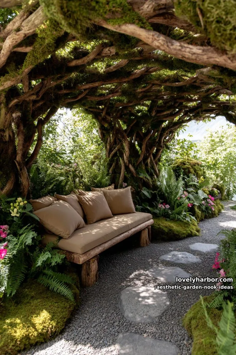 15 Aesthetic Garden Nook Ideas to Inspire Your Outdoor Escape 25 whimsical circular nook made from intertwined tree branches and moss 1