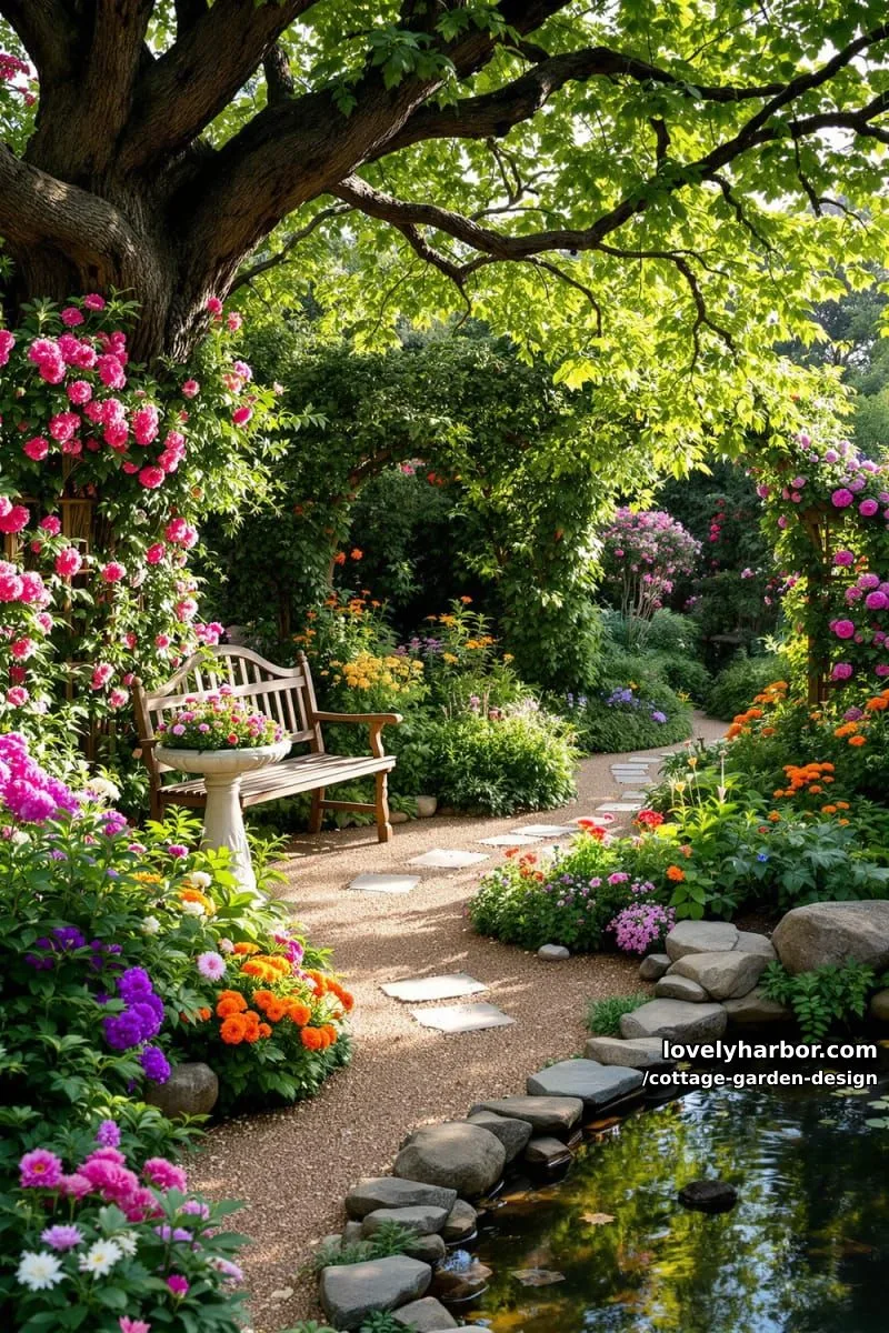 whimsical cottage garden with rustic bench, birdbath, pond, and trellis 1