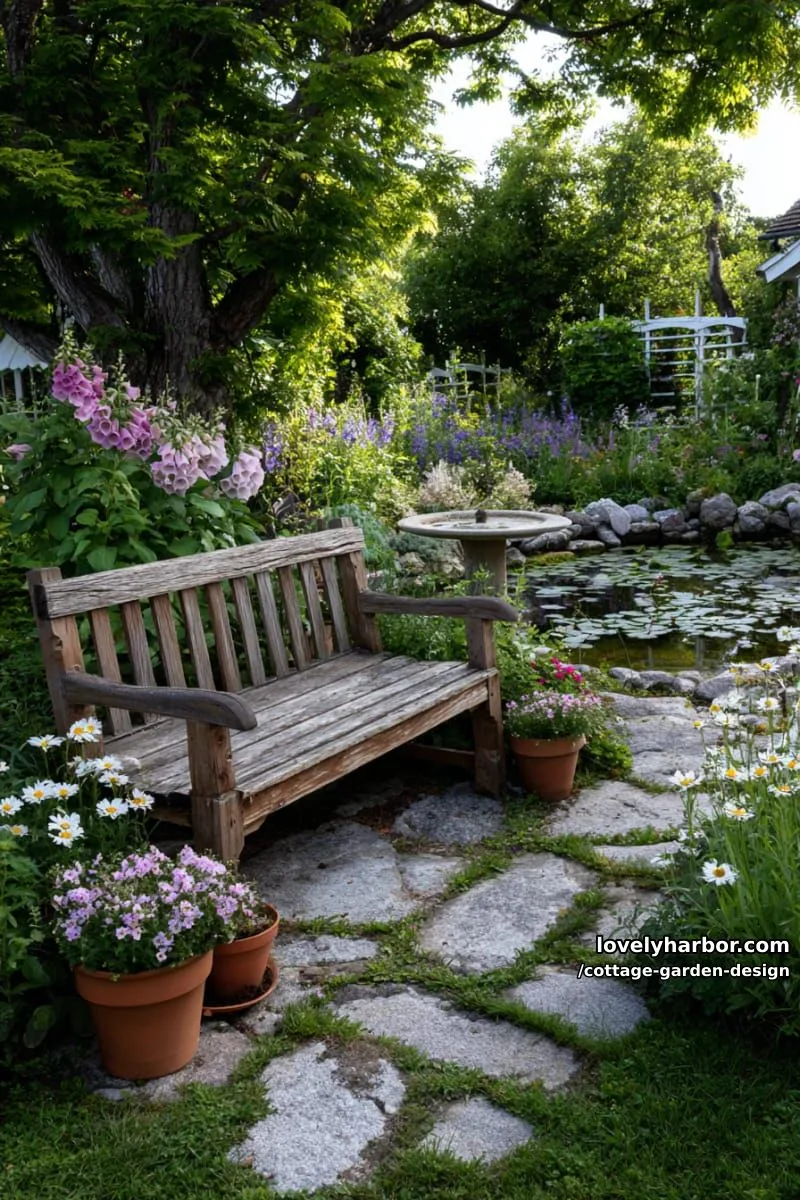 whimsical cottage garden with rustic bench, birdbath, pond, and trellis 1