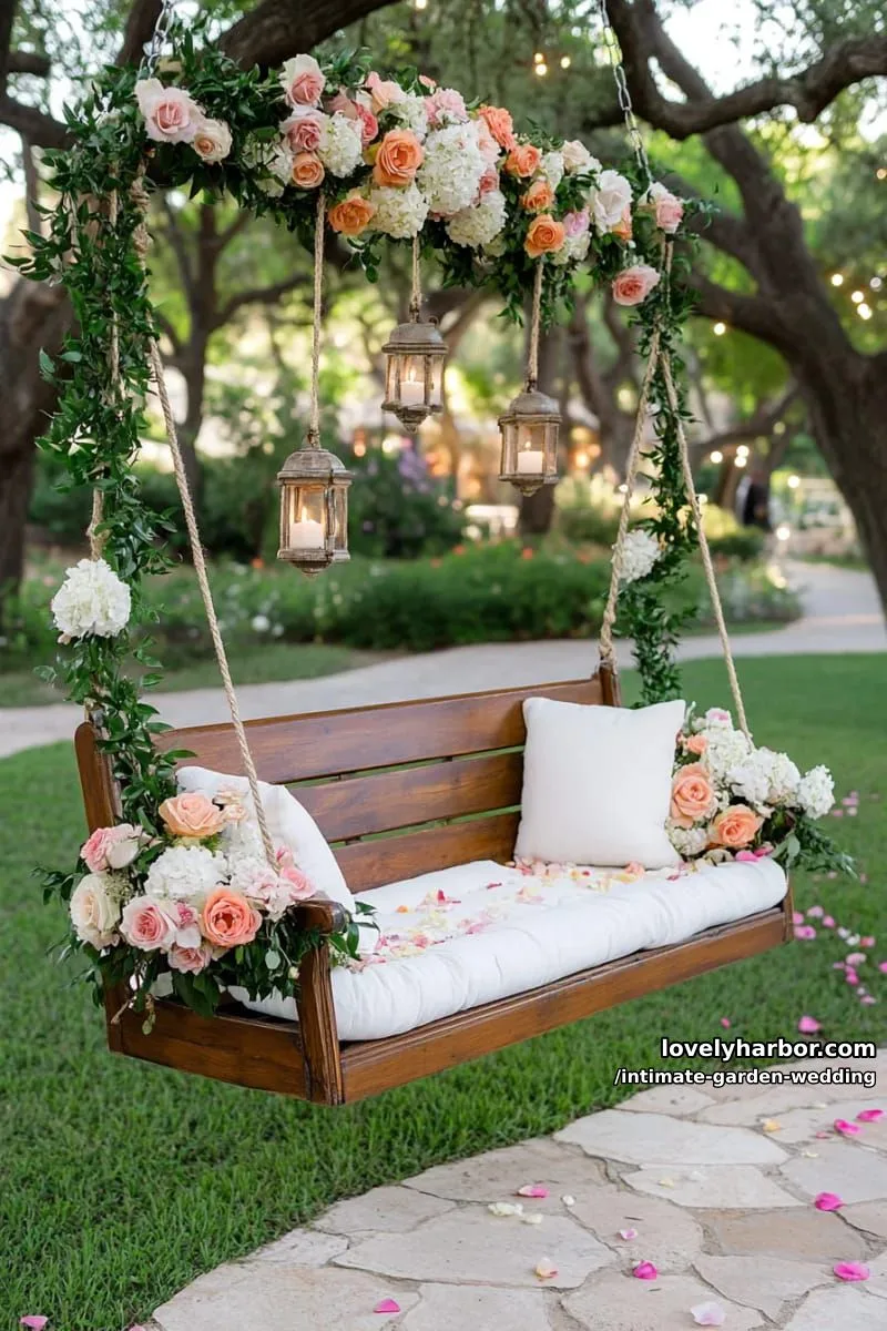whimsical garden swing decorated with trailing flowers for dreamy couple photos 1